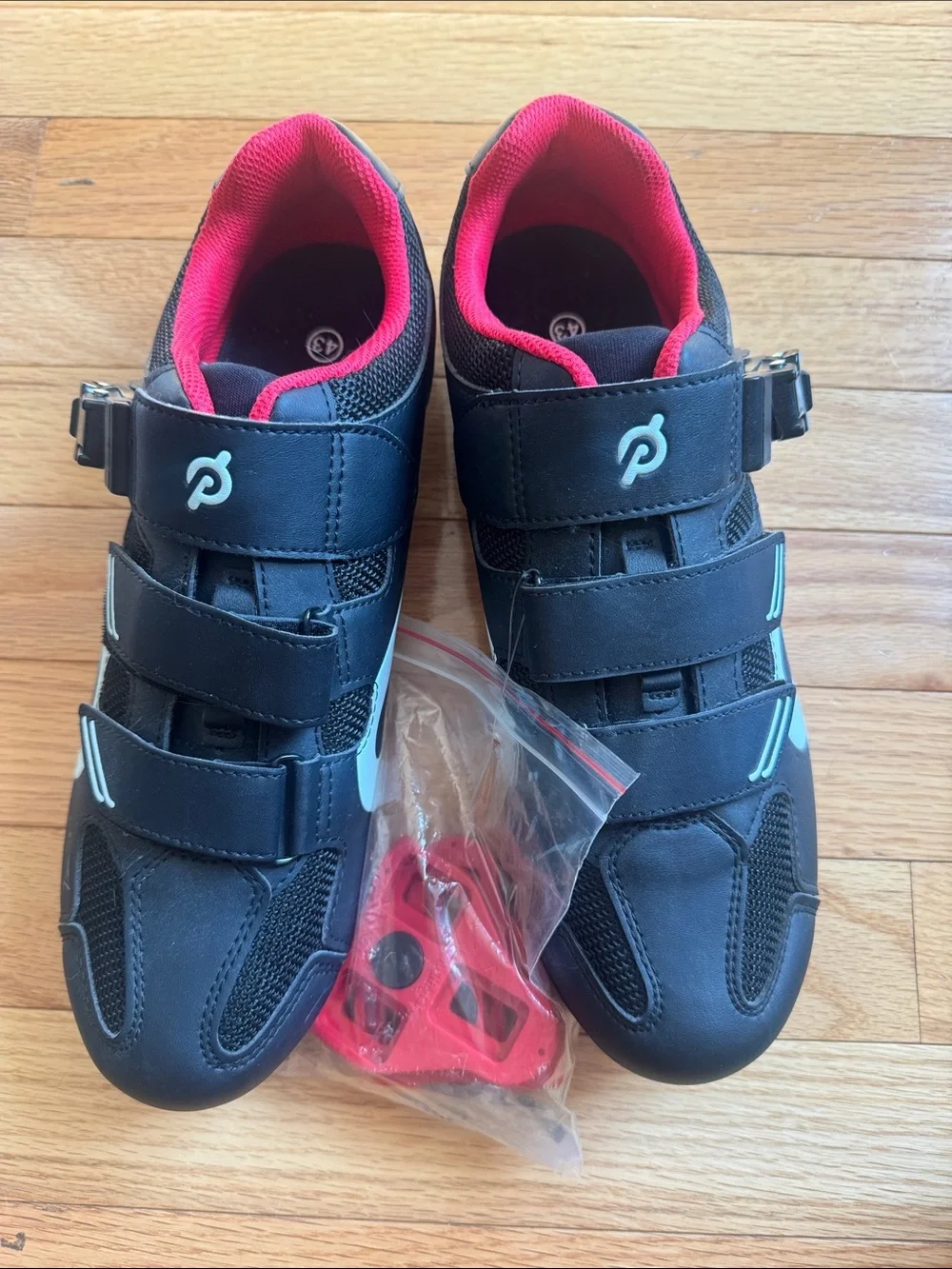 Peloton Black Cycling Shoes with Pink Lining and Light Blue Accents